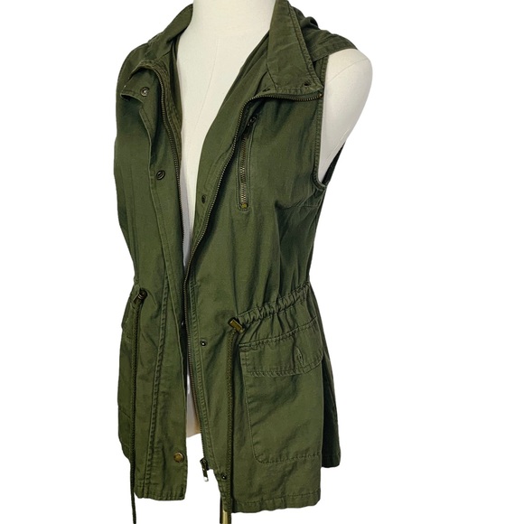 Utility Vest Zip Jacket w/ Hood Army Green SMALL 1763 - Picture 2 of 11